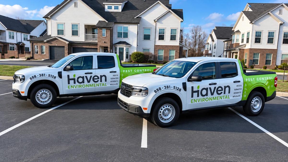 Two white and green pest control trucks parked outside a residential area