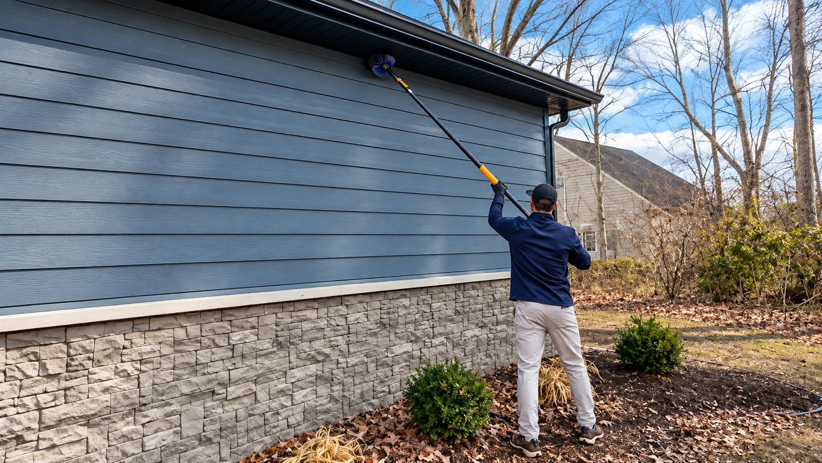 Person cleaning exterior of house with long pole brush.