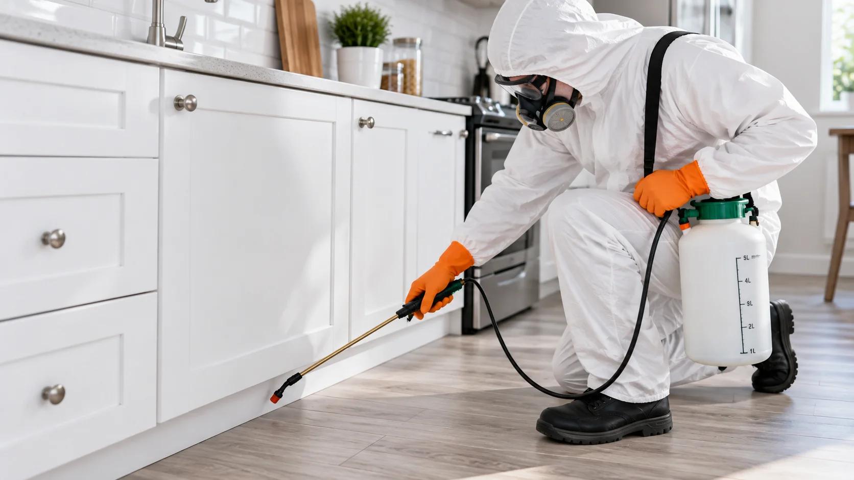 Pest control professional spraying under kitchen cabinets