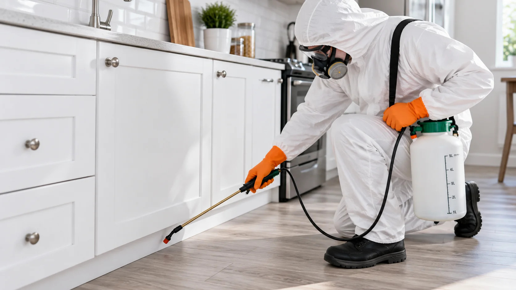 Pest control professional spraying under kitchen cabinets