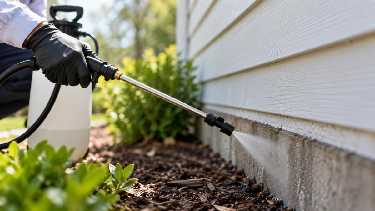 Person spraying pesticide near home foundation