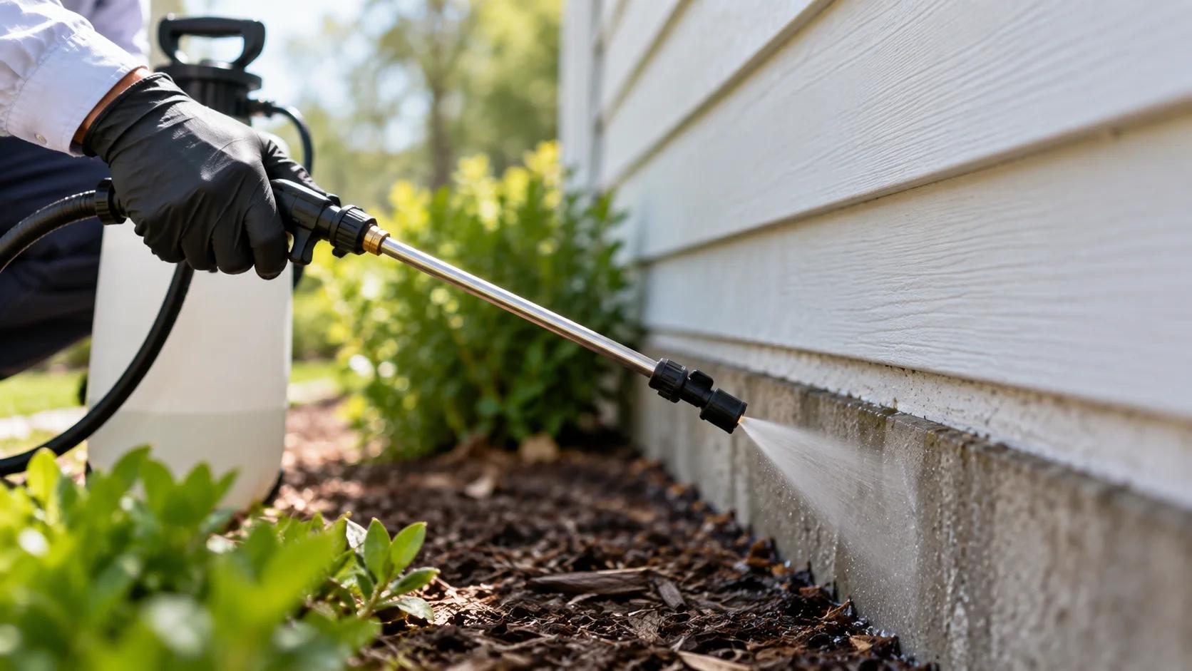 Person spraying pesticide near home foundation