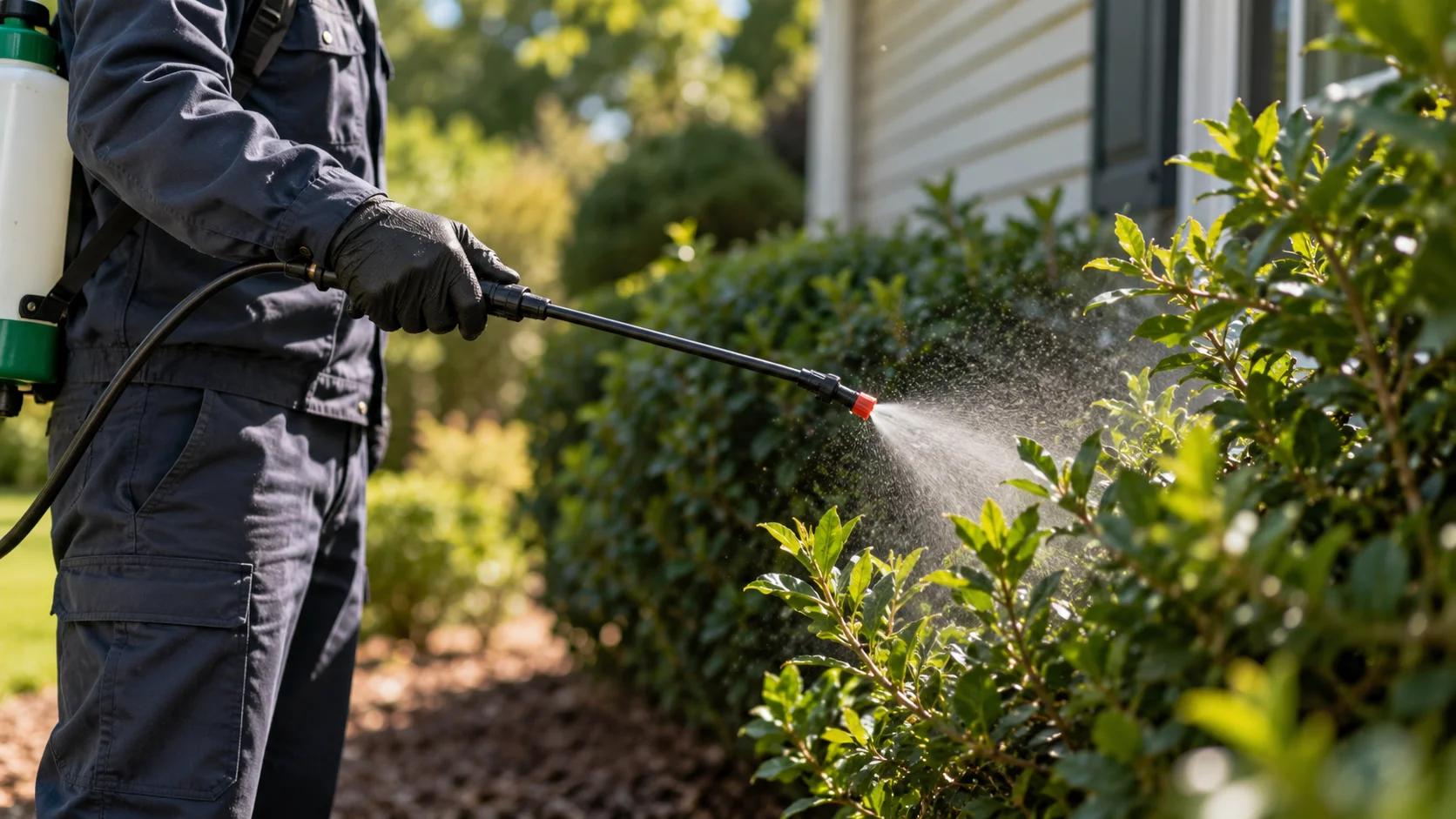 Person spraying pesticide on garden shrubs