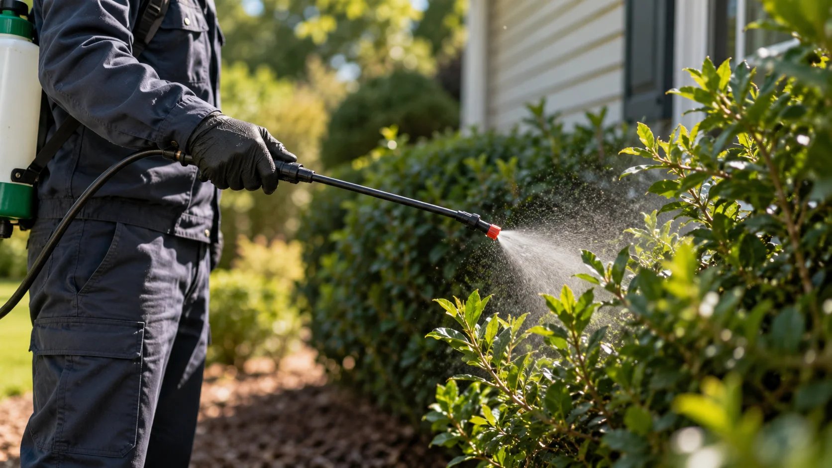 Person spraying pesticide on garden shrubs