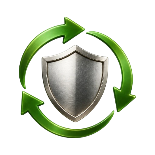Circular arrows surrounding a metallic shield symbolizing protection and security.