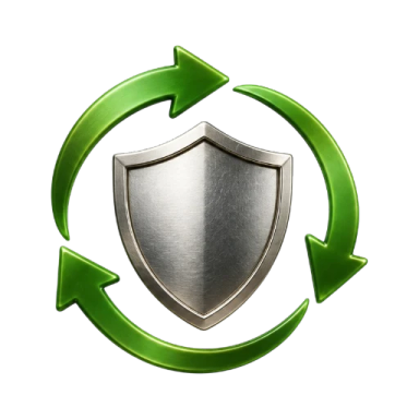 Circular arrows surrounding a metallic shield symbolizing protection and security.