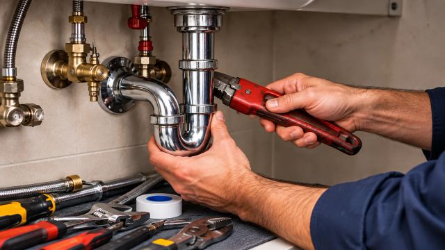 Plumber fixing kitchen pipe with adjustable wrench