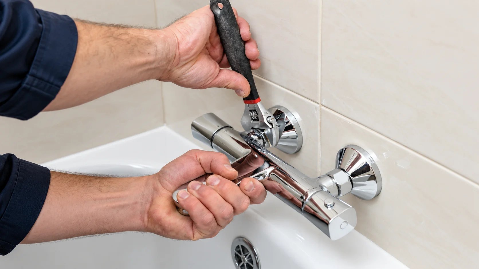 Plumber repairing a modern shower valve with tools