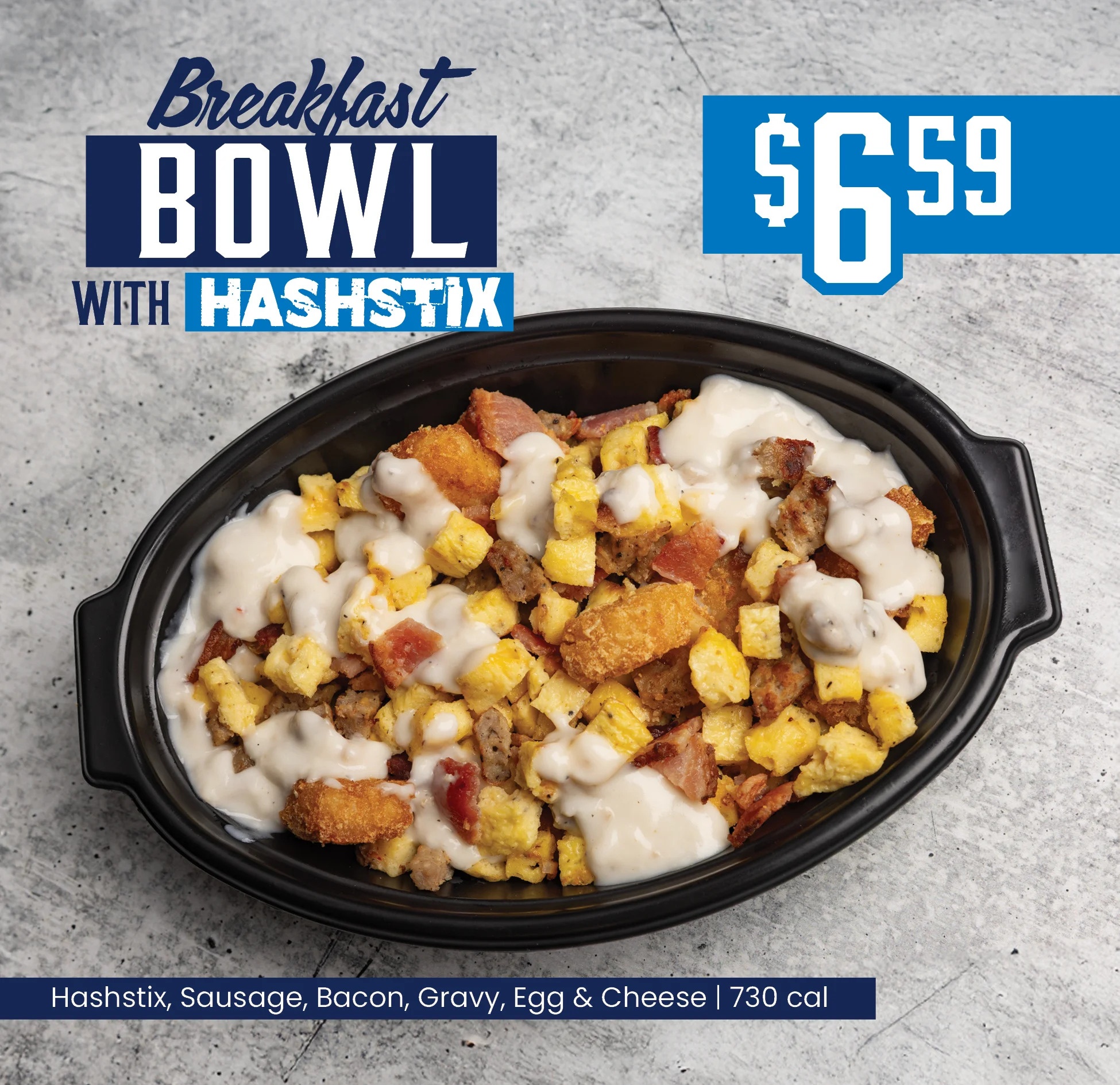 Delicious breakfast bowl with hashstix, egg, and cheese