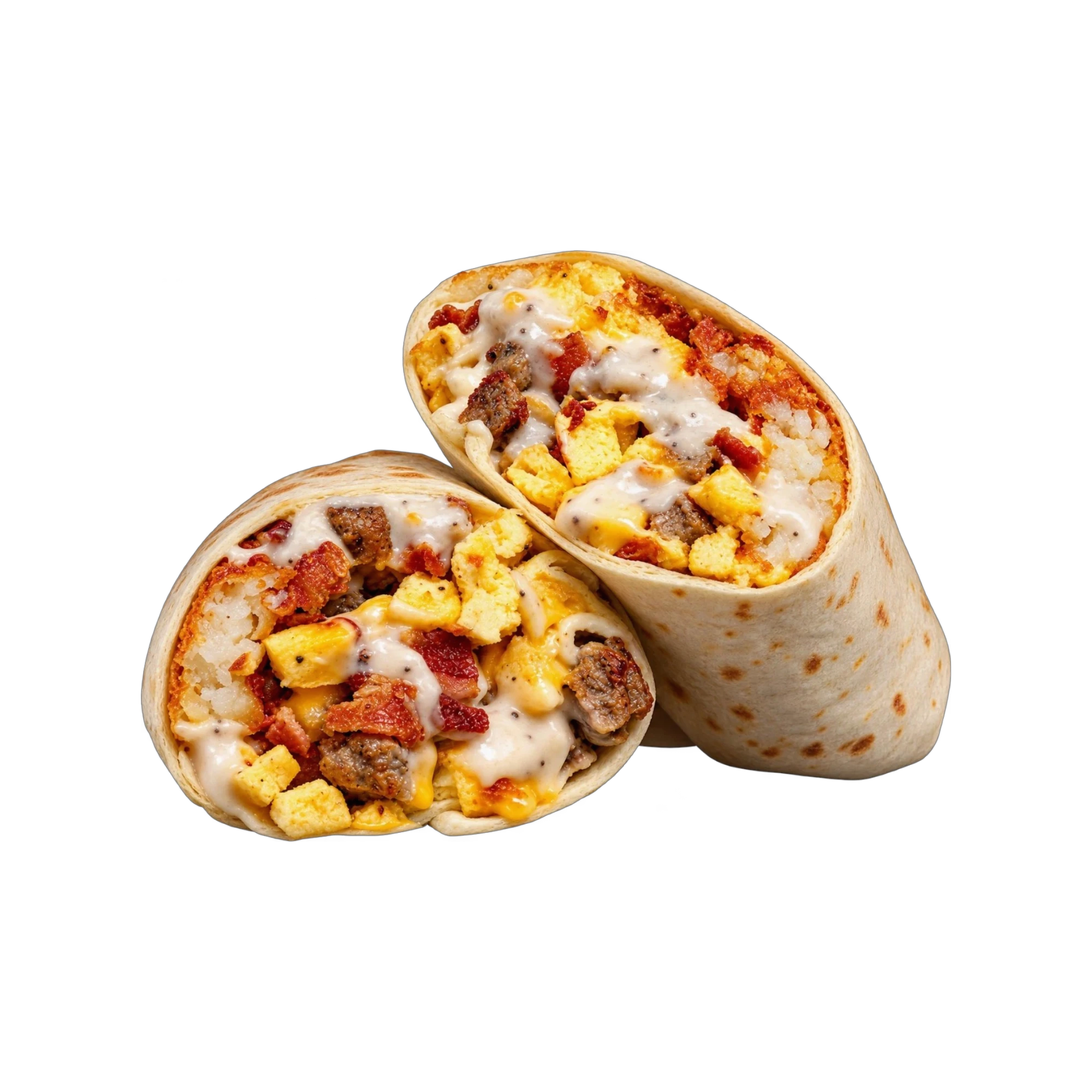 Delicious breakfast burrito filled with eggs and sausage