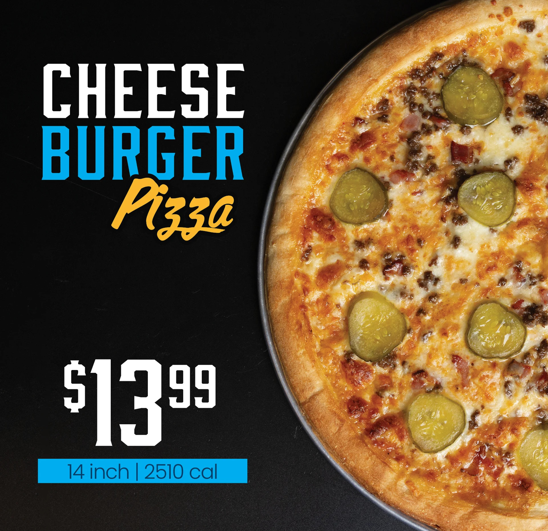 Cheeseburger pizza with pickles on a dark background