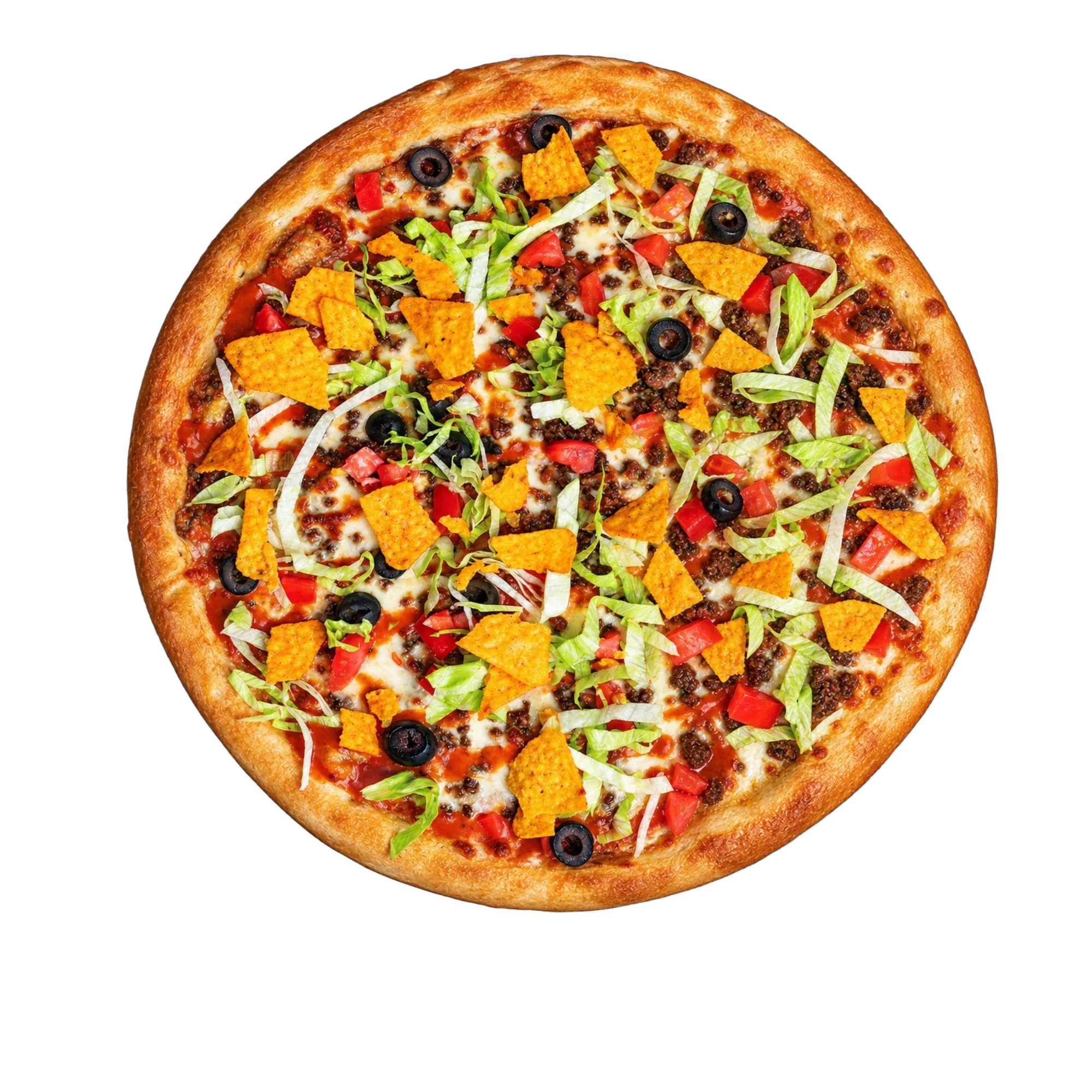 A colorful pizza topped with lettuce, tomatoes, cheese, and crunchy nachos.