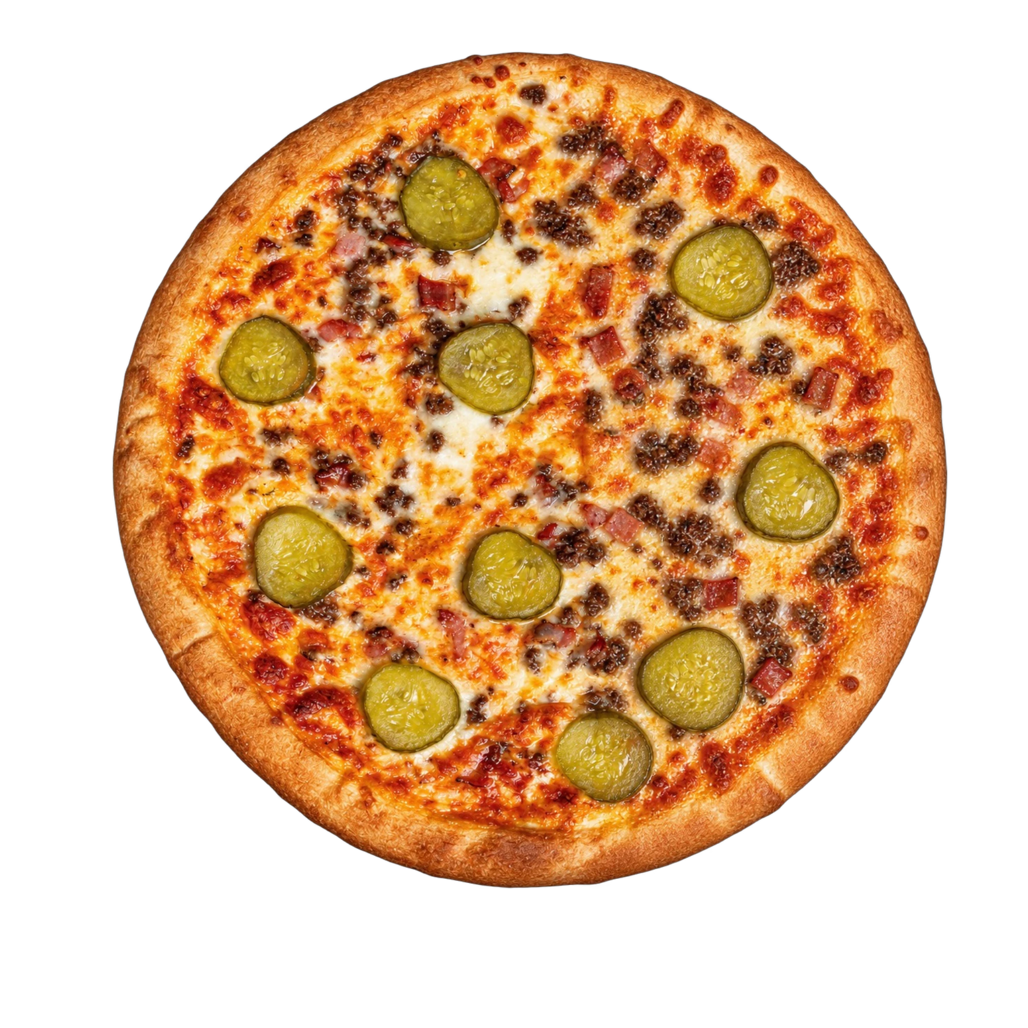 Delicious pizza topped with pickles and bacon, golden crust