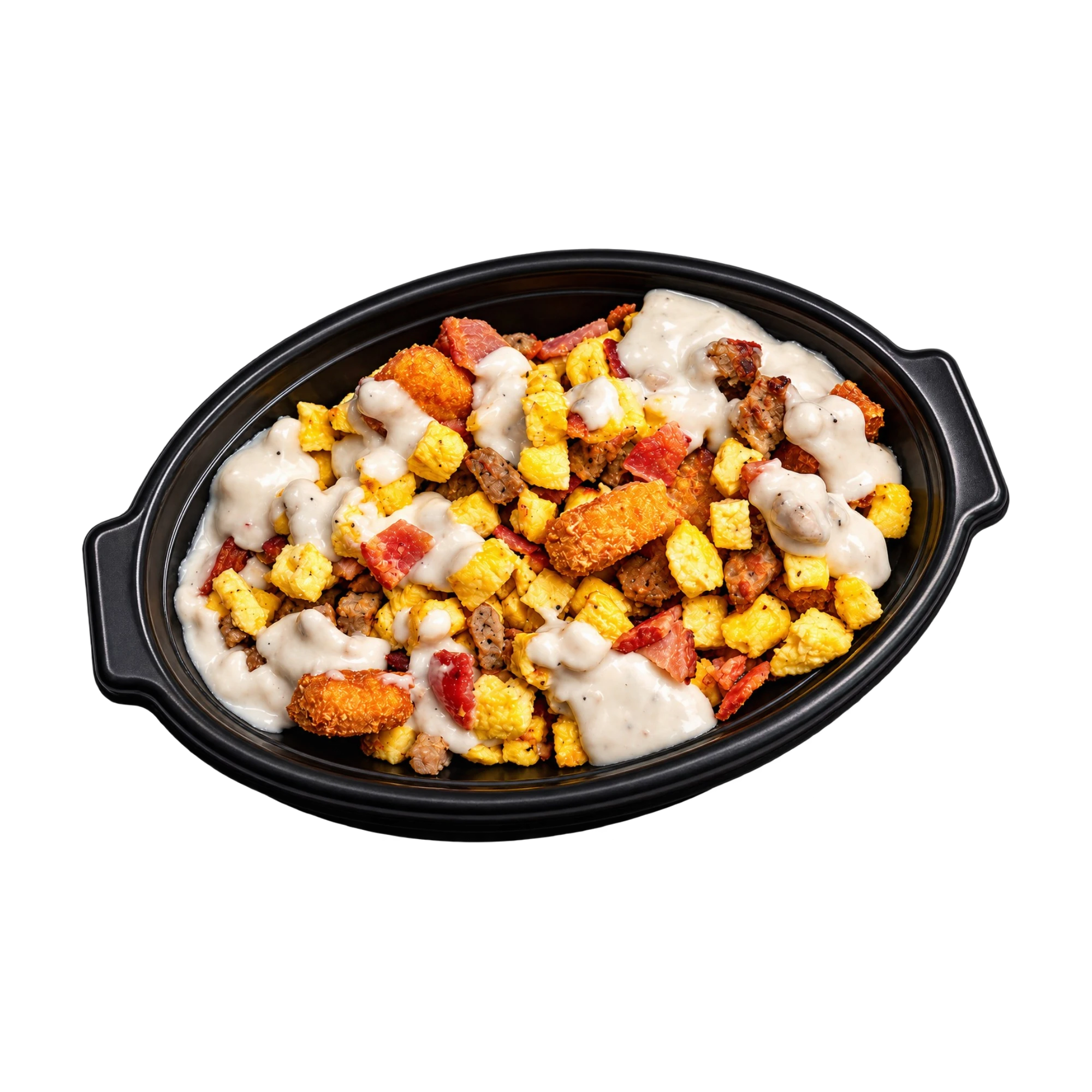 Delicious southern-style casserole with sausage, cornbread, and gravy