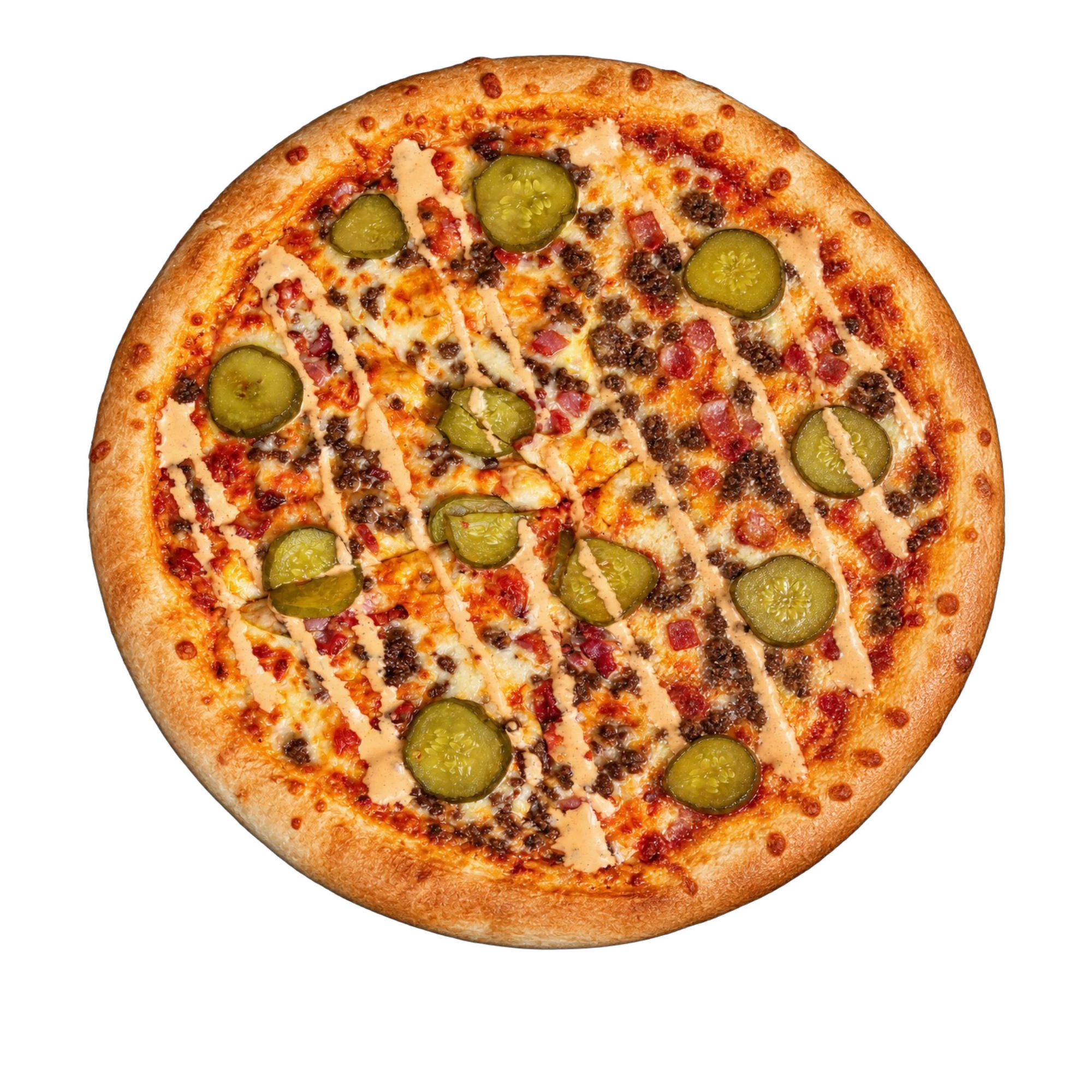 A round pizza topped with pickles and sauces on a dark background.