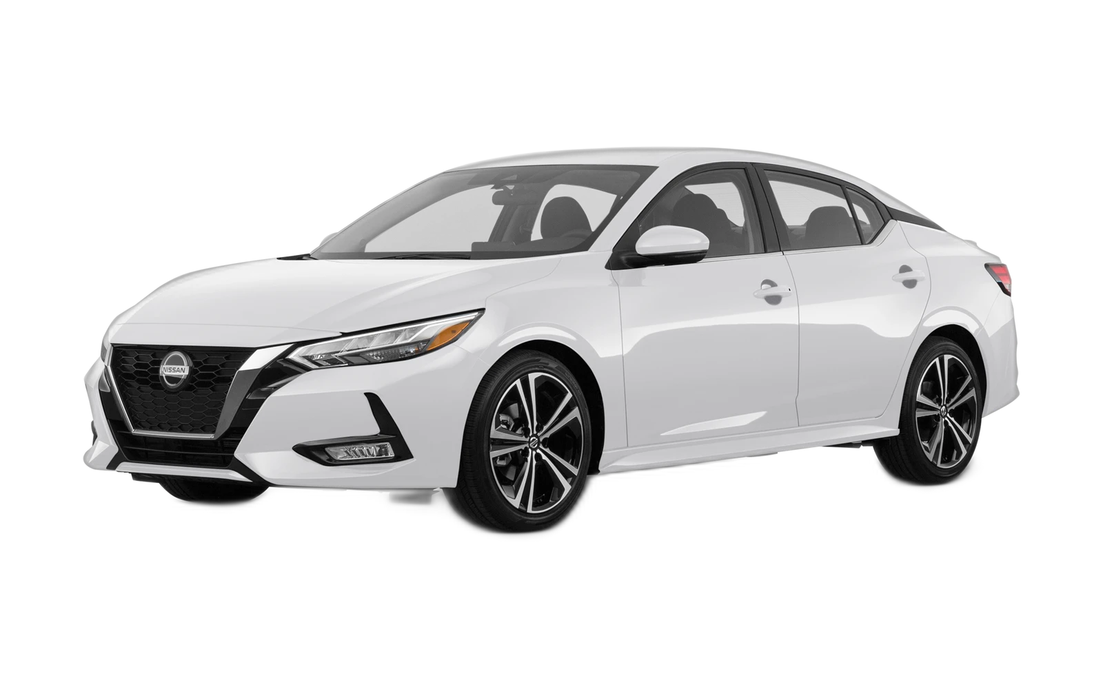 A sleek white Nissan sedan from the side view.