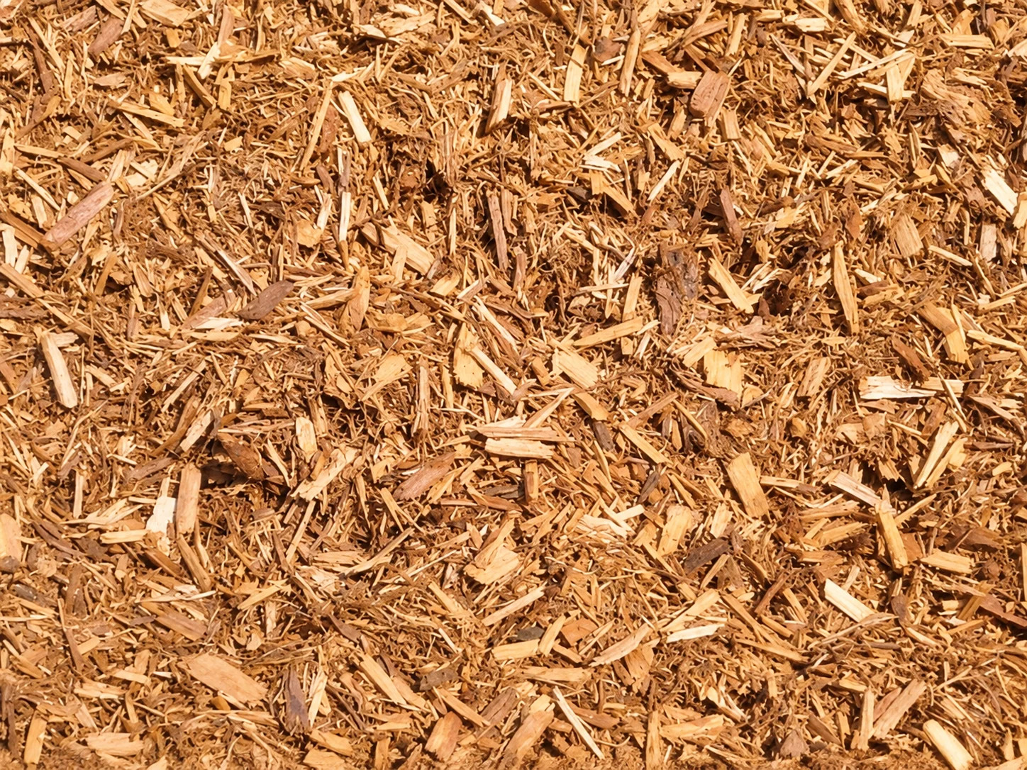 A close-up view of brown mulch on the ground.