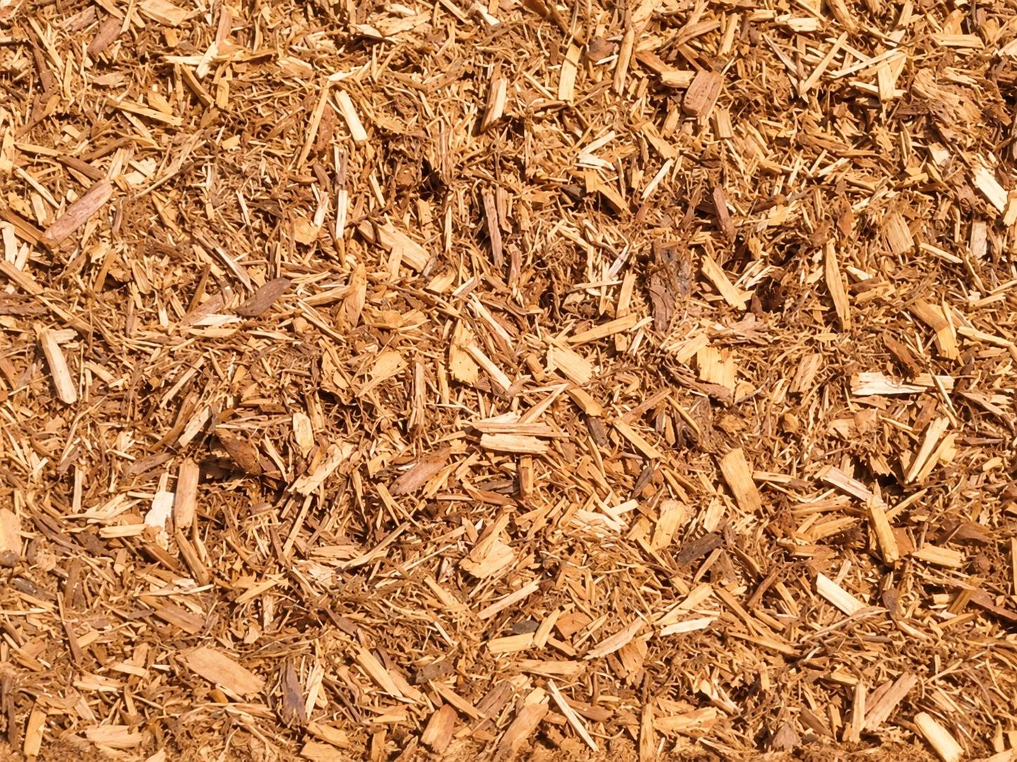A close-up view of brown mulch on the ground.