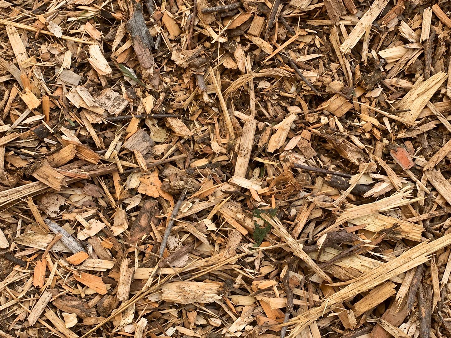 Close-up view of wood chips and mulch material