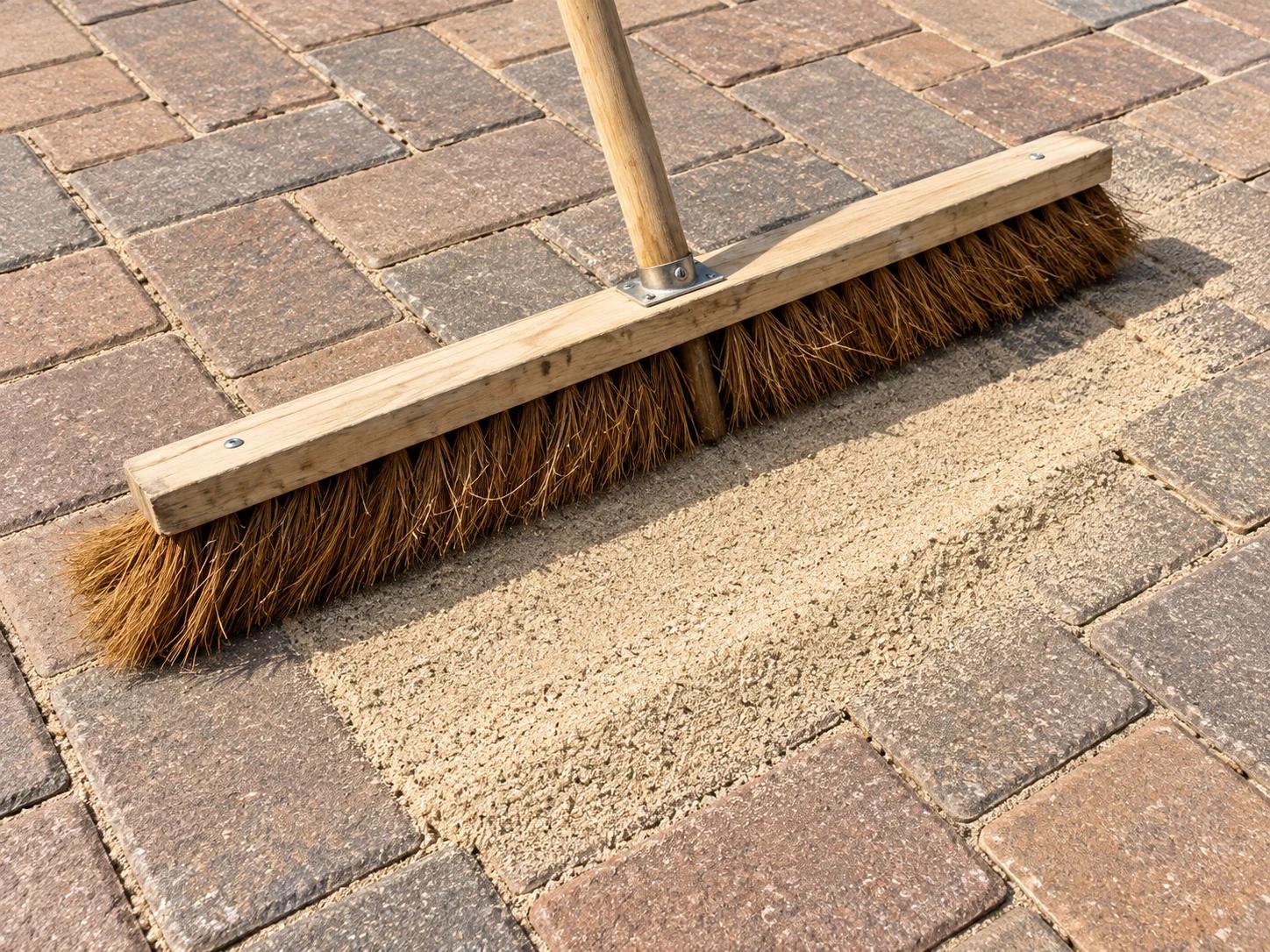 Broom sweeping sand on brick paving stones