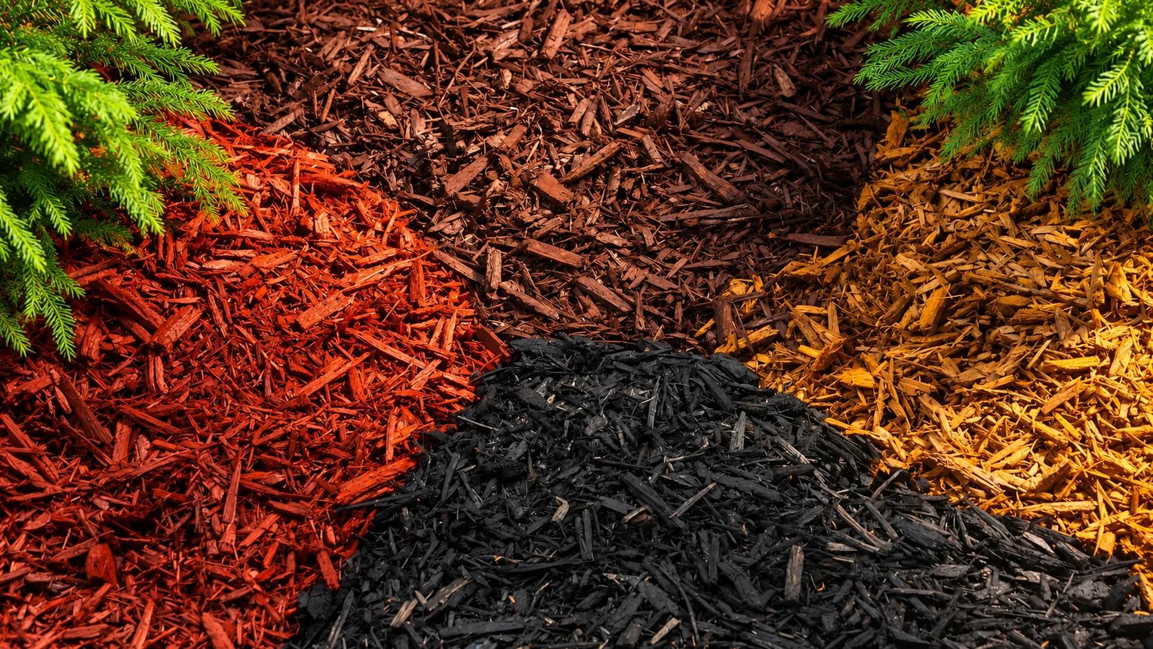 Colorful mulch in a garden, showcasing various shades.