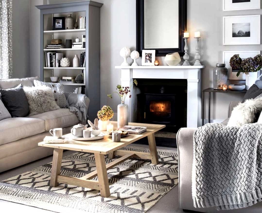 Cozy living room with modern decor and fireplace
