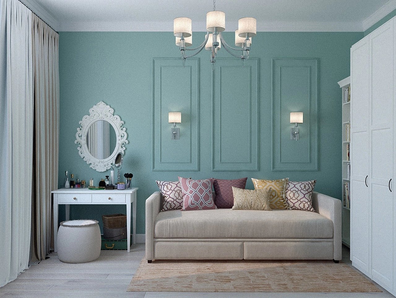Modern living room with a light blue wall and a sofa
