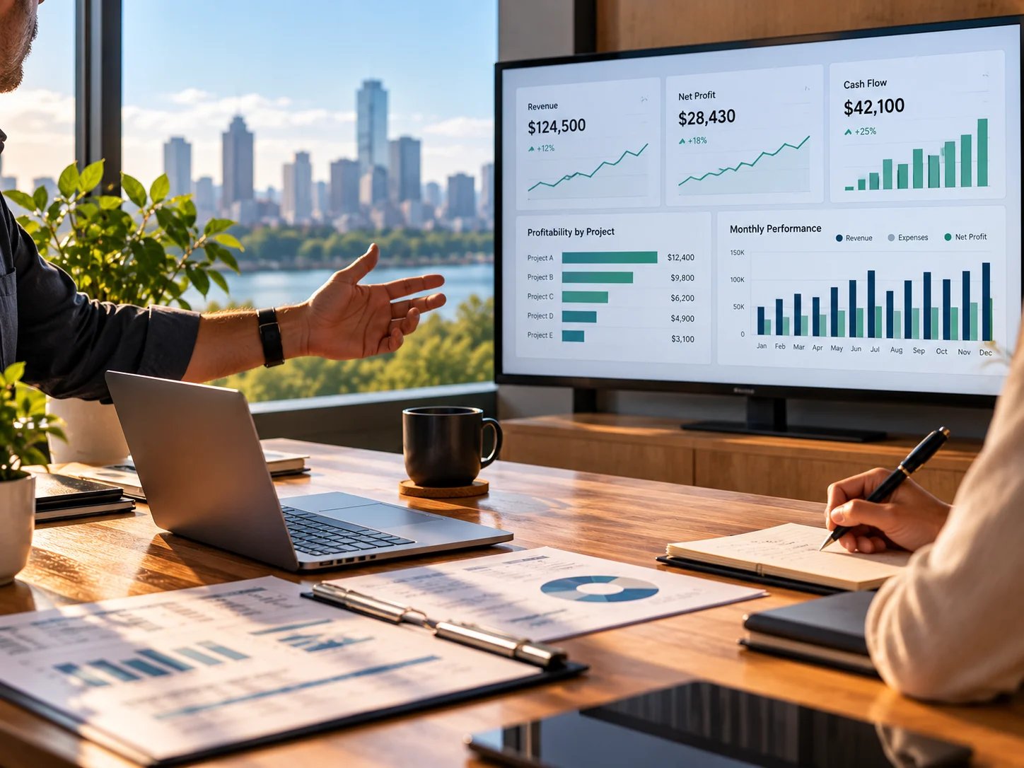 Business meeting with financial graphs on screen