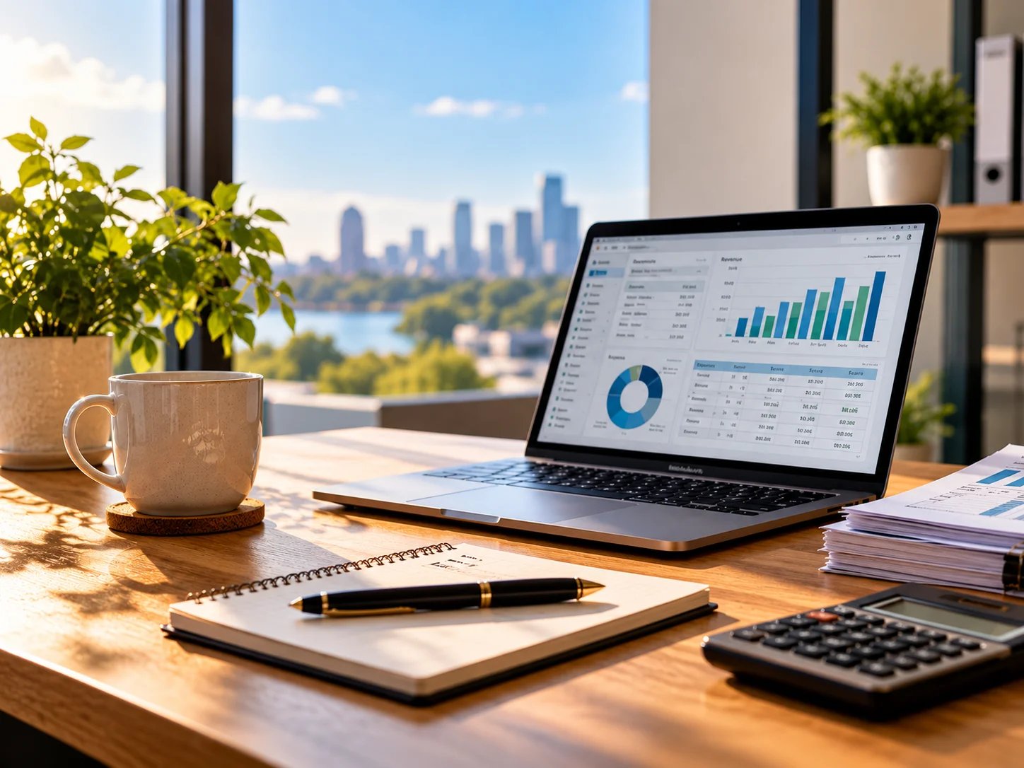 Laptop showing data analysis on a desk with a city view