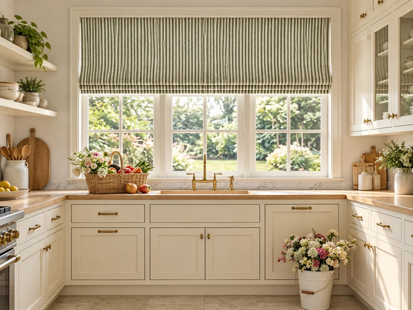 Bright kitchen with white cabinets and window view