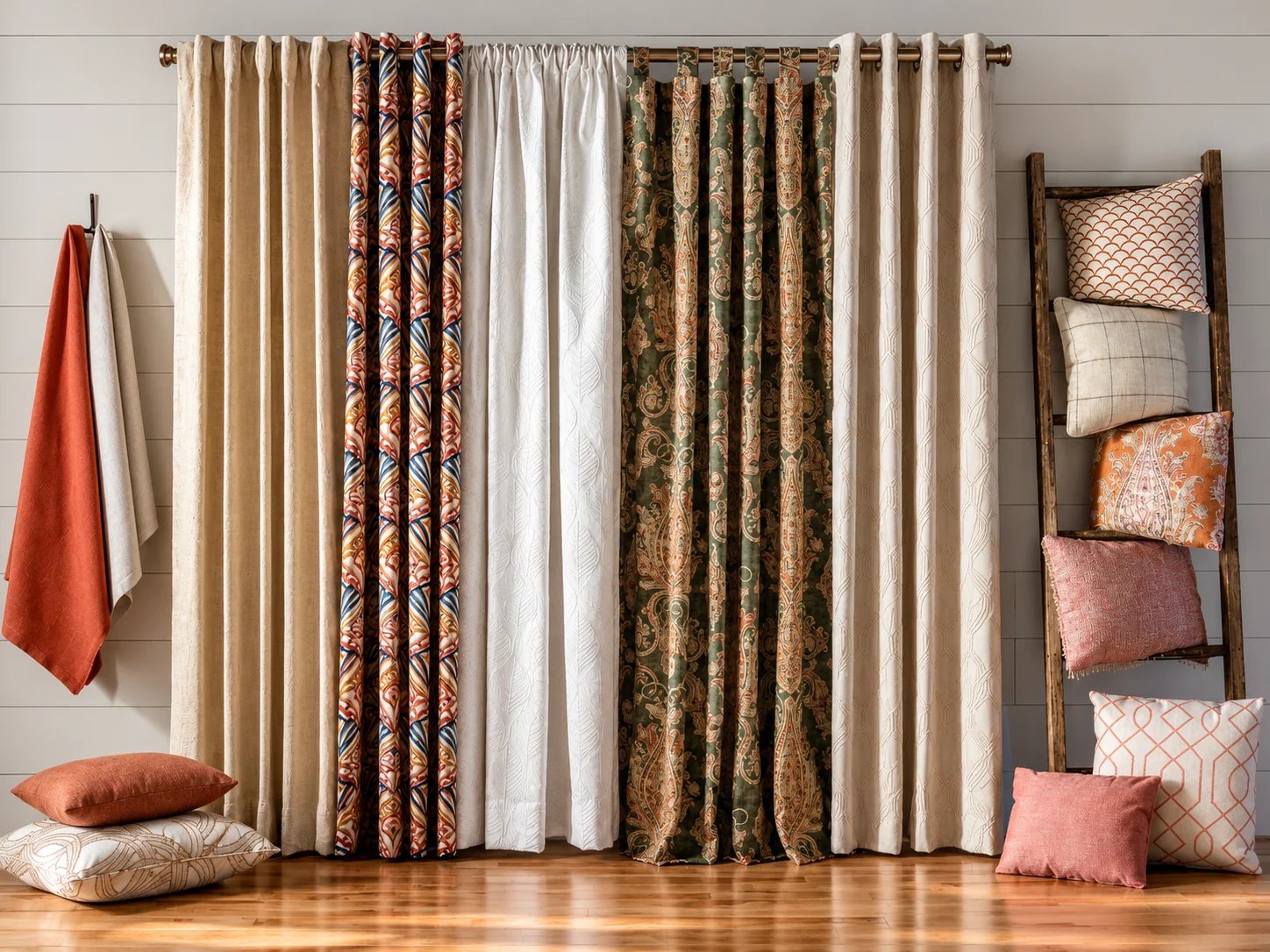 Assorted curtains and pillows displayed in a stylish room