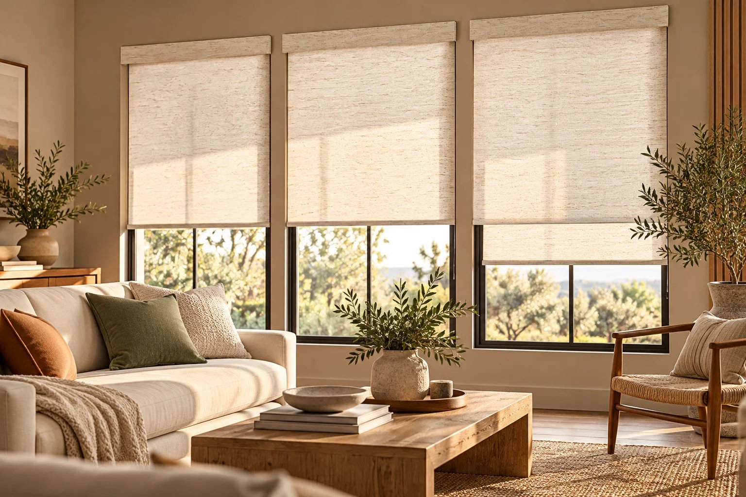 Stylish living room with shades and plants