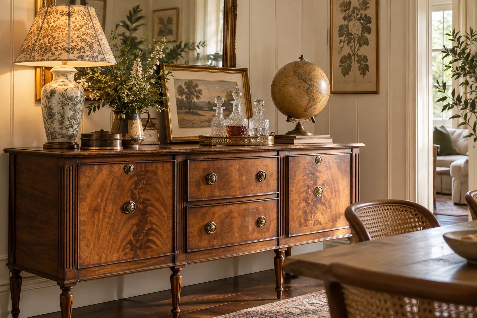 Elegant wooden sideboard with decor and globe