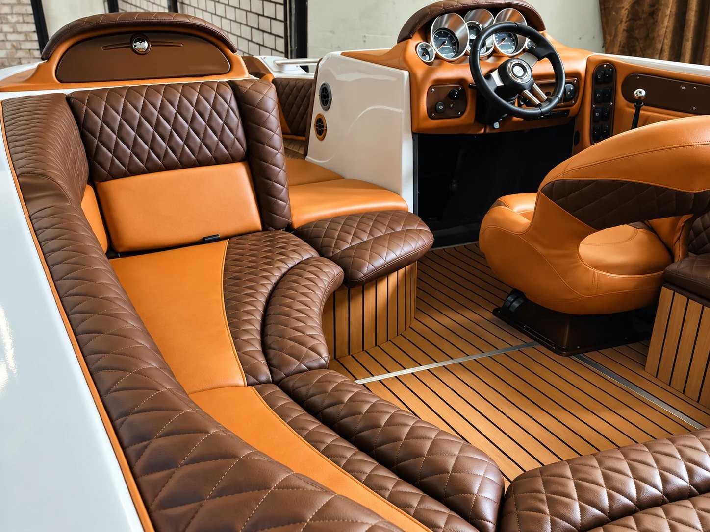 Luxury boat interior with brown leather seating