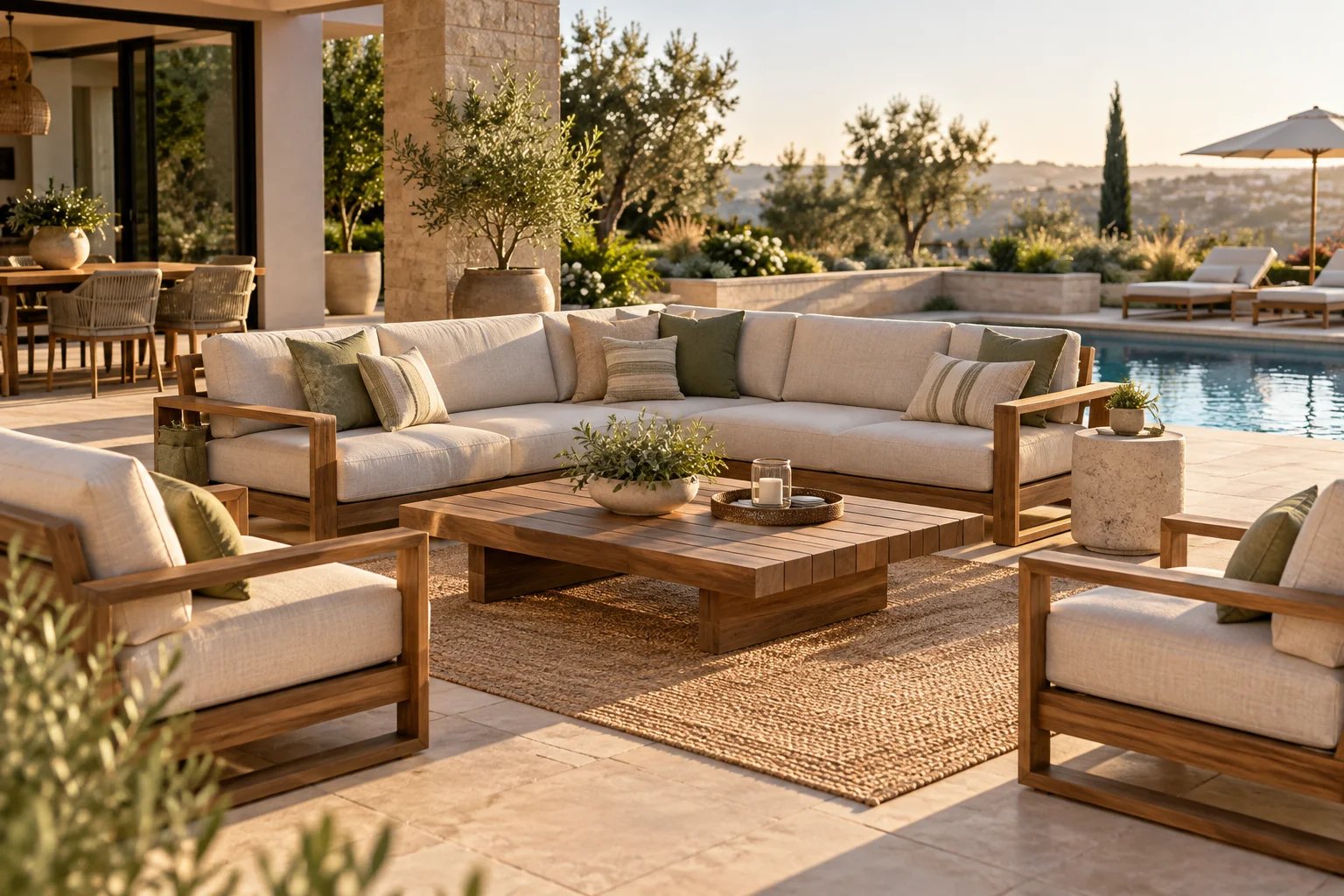 Luxurious outdoor lounge area with a swimming pool