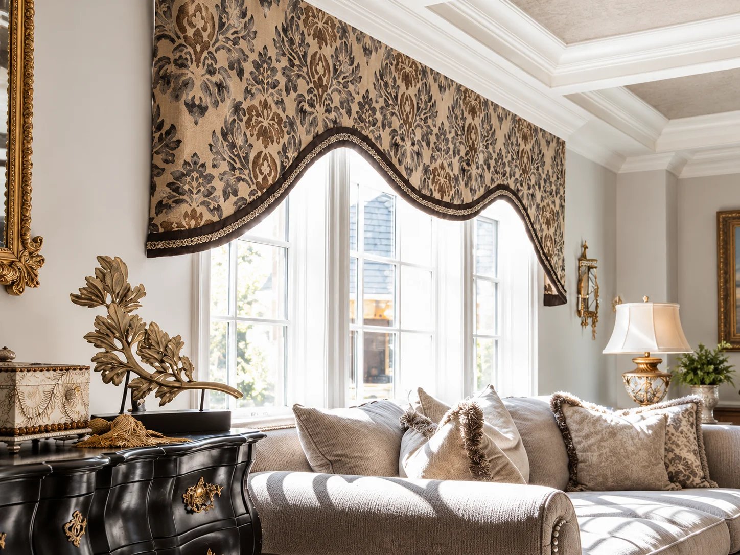 Elegant living room with patterned valance and sofa