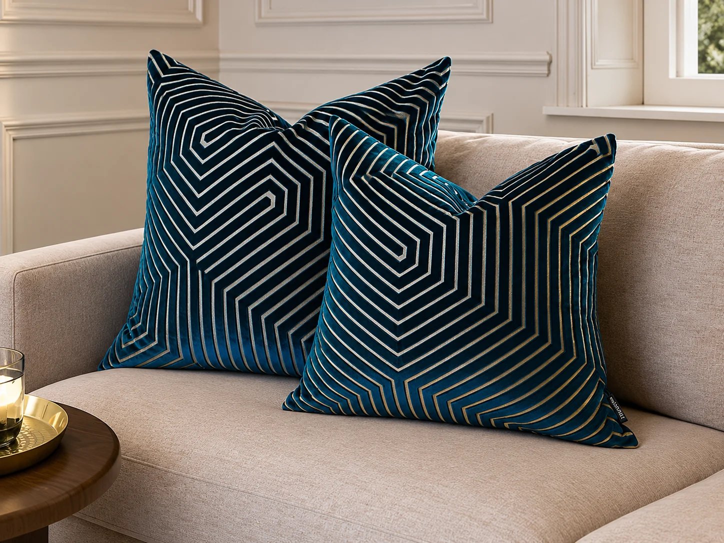 Decorative pillows with geometric patterns on a sofa