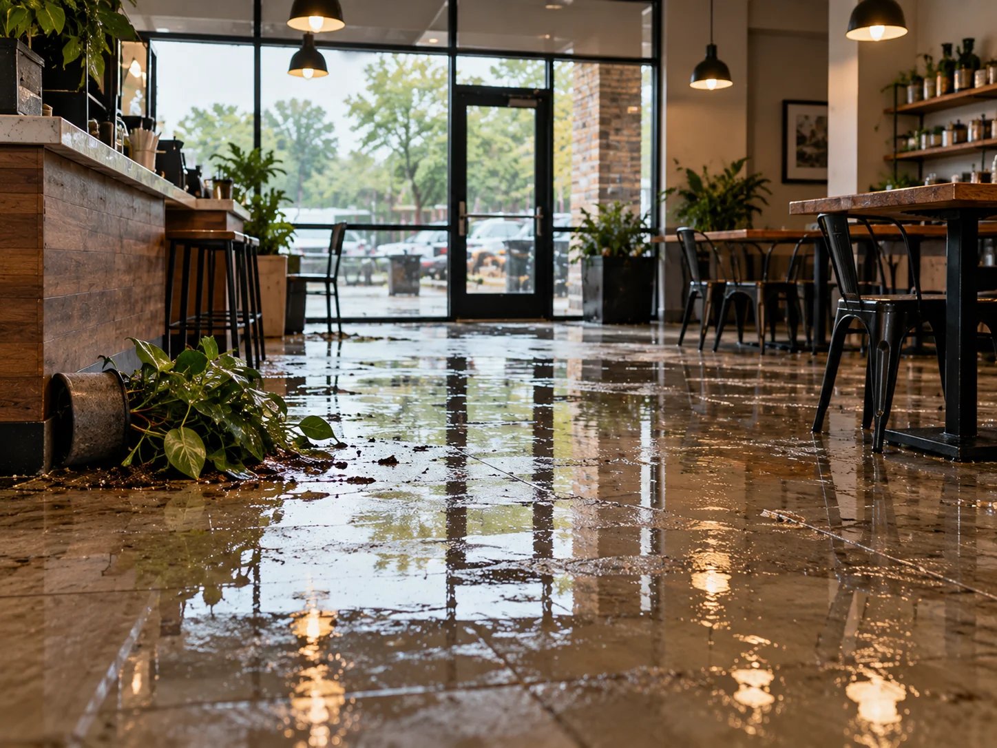 Indoor cafe with spilled planters and wet floor