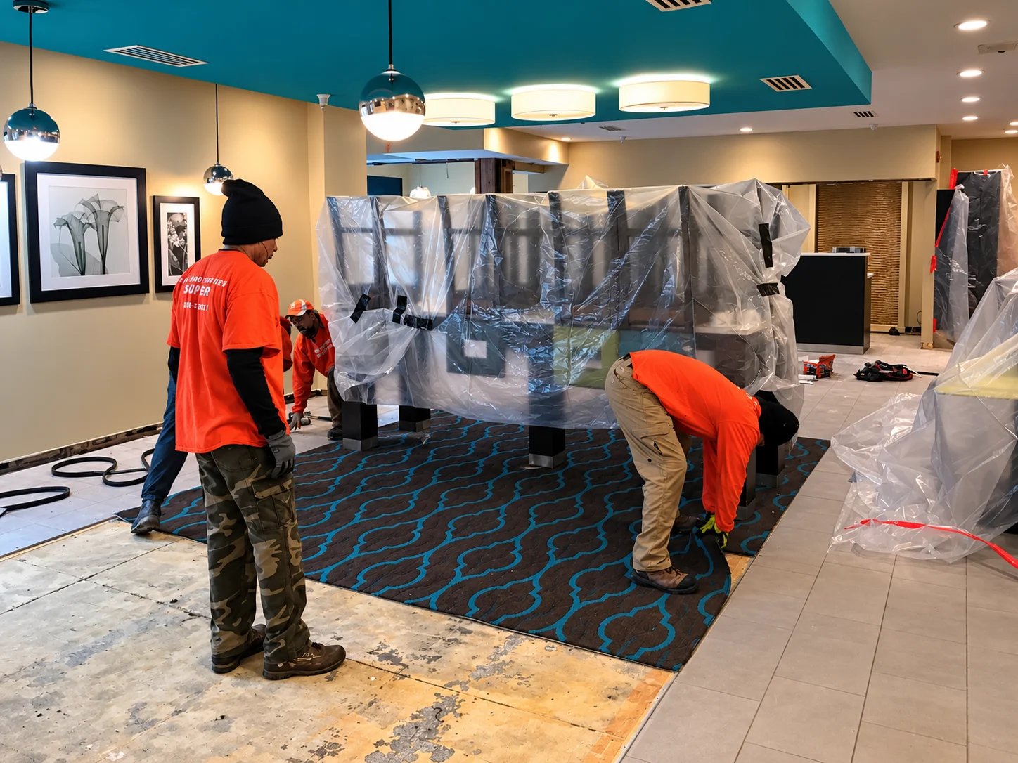 Workers installing carpet in a commercial space.