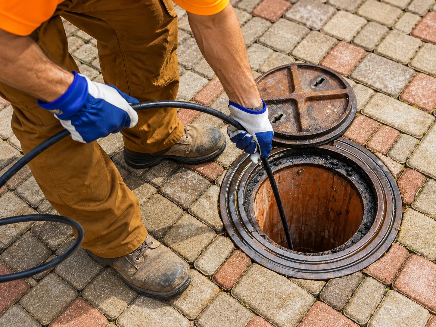 Worker cleaning drain using a snake tool